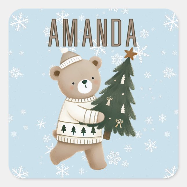 Pegatina Cuadrada Cute Bear Christmas Tree Snowflakes Kids Name  (Anverso)