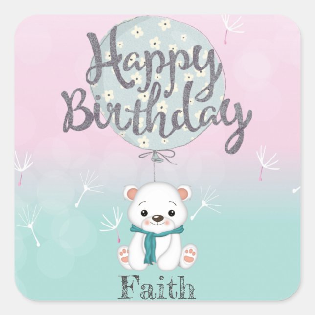 Pegatina Cuadrada Cute Bear Feliz Cumpleaños Personalizado (Anverso)