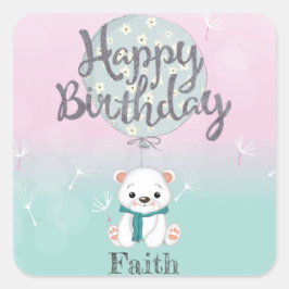 Pegatina Cuadrada Cute Bear Feliz Cumpleaños Personalizado