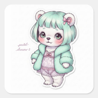 Pegatina Cuadrada Cute Bear in Lingerie & Fur Coat - Unique Pastel