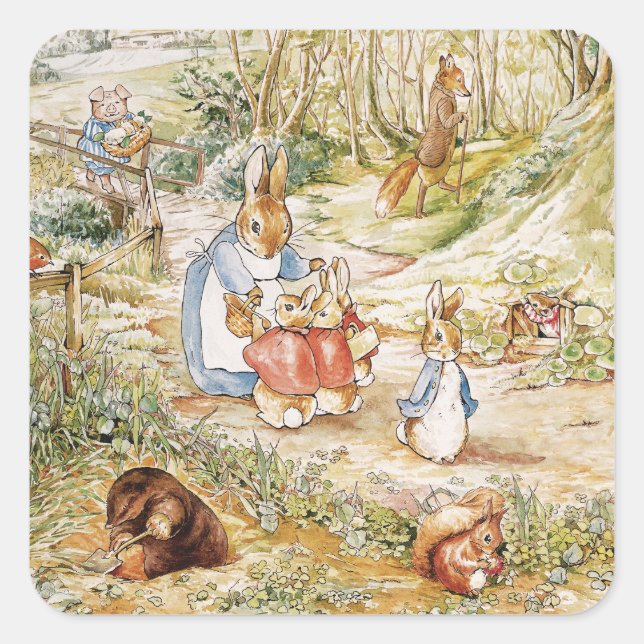 Pegatina Cuadrada Cute Beatrix Potter Peter y amigos (Anverso)