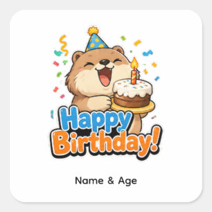 Pegatina Cuadrada Cute Beaver & Tarta Favor de Cumpleaños Personaliz