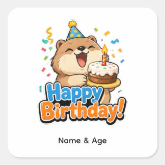 Pegatina Cuadrada Cute Beaver & Tarta Favor de Cumpleaños Personaliz
