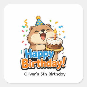 Pegatina Cuadrada Cute Beaver & Tarta Favor de Cumpleaños Personaliz