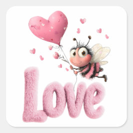 Pegatina Cuadrada Cute Bee Fluffy Pink Love Heart Balloon Design