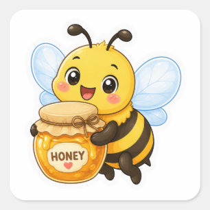 Pegatina Cuadrada Cute Bee llevando un frasco de miel Sticker de dib