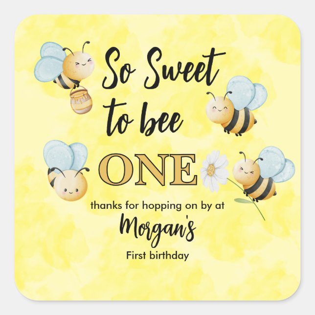 Pegatina Cuadrada Cute Bee One Yellow Black First Birday Party (Anverso)