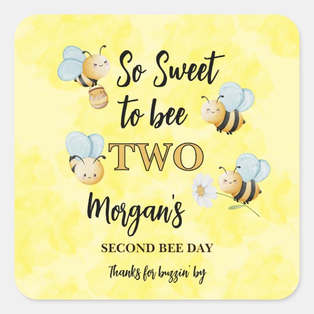 Pegatina Cuadrada Cute Bee Two Yellow Black Second Birthday Party (Anverso)