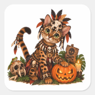 Pegatina Cuadrada Cute Bengal Cat Jungle Shaman Halloween