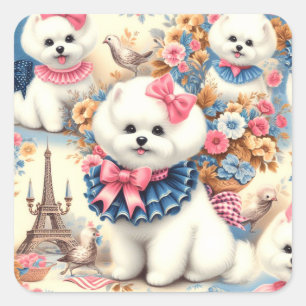 Pegatina Cuadrada Cute Bichon Frisé Seamless