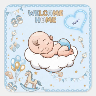 Pegatina Cuadrada Cute Bienvenida a Casa Pequeño Príncipe Bebé Niño 