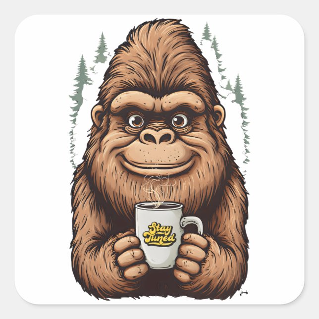 Pegatina Cuadrada Cute Bigfoot Drinking Coffee  Funny Sasquatch  (Anverso)