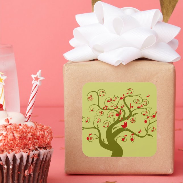 Pegatina Cuadrada Cute Bird Swirl Tree Regalos e Invitaciones (Fiesta)