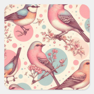 Pegatina Cuadrada Cute Birds Vintage Painting