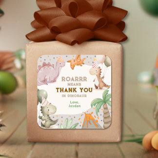 Pegatina Cuadrada Cute Birthday Party Dinosaur Thank You