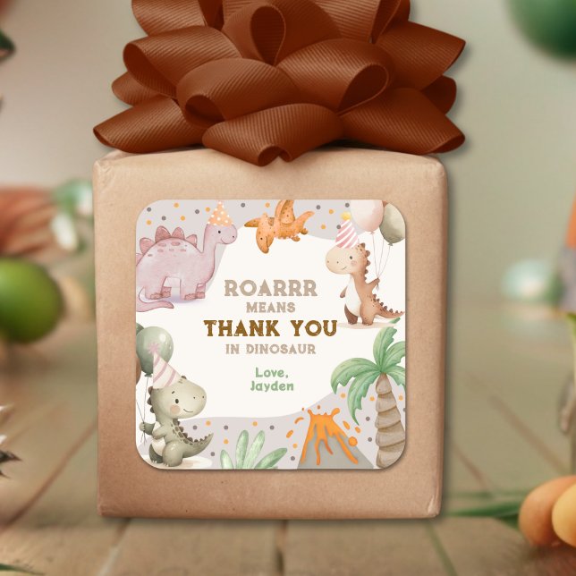 Pegatina Cuadrada Cute Birthday Party Dinosaur Thank You (Subido por el creador)