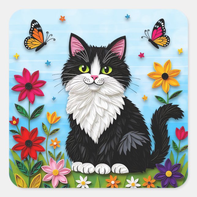 Pegatina Cuadrada Cute Black and White Cat, Flowers and Butterflies (Anverso)