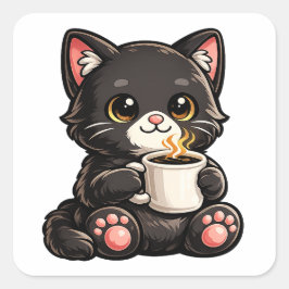 Pegatina Cuadrada Cute Black Cat with Coffee