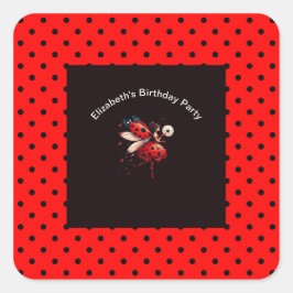 Pegatina Cuadrada Cute Black & Red Ladybug Fairy Birday Party