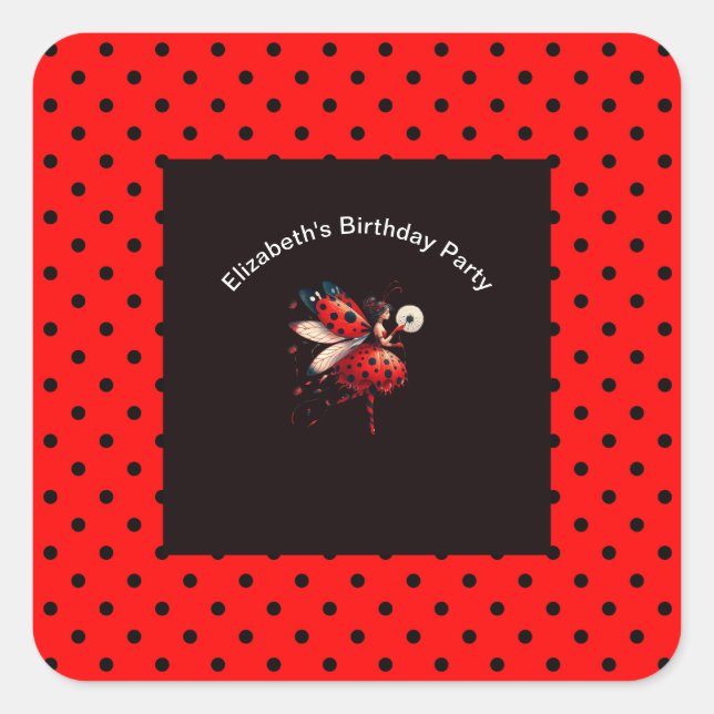 Pegatina Cuadrada Cute Black & Red Ladybug Fairy Birday Party (Anverso)
