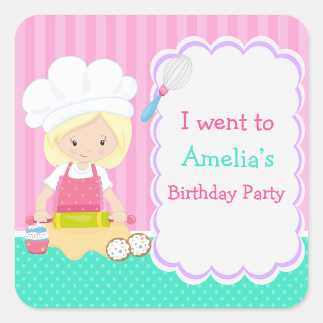 Pegatina Cuadrada Cute Blonde Chica Baking Birday Party (Anverso)