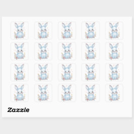 Pegatina Cuadrada Cute Blue Bunny Party Theme Pastel Floral