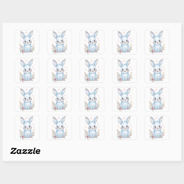 Pegatina Cuadrada Cute Blue Bunny Party Theme Pastel Floral (Hoja)