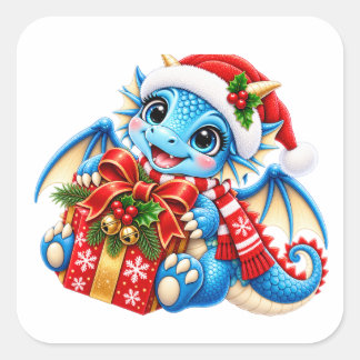 Pegatina Cuadrada Cute Blue Christmas Dragon Sticker se traduce a Pe