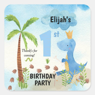 Pegatina Cuadrada Cute Blue Dinosaur Palm Tree 1er Cumpleaños Square