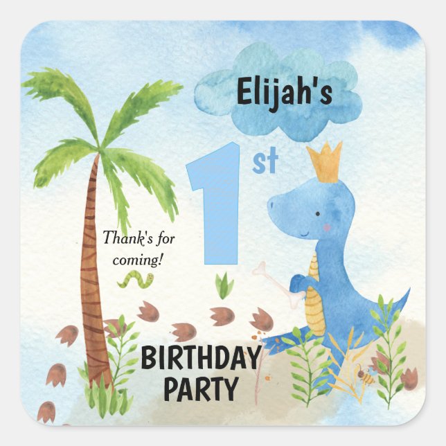 Pegatina Cuadrada Cute Blue Dinosaur Palm Tree 1er Cumpleaños Square (Anverso)