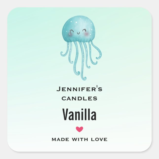 Pegatina Cuadrada Cute Blue-Green Jellyfish Candle Business (Anverso)