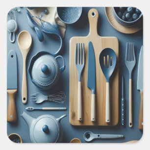 Pegatina Cuadrada Cute Blue Kitchen Utensils Papel estético