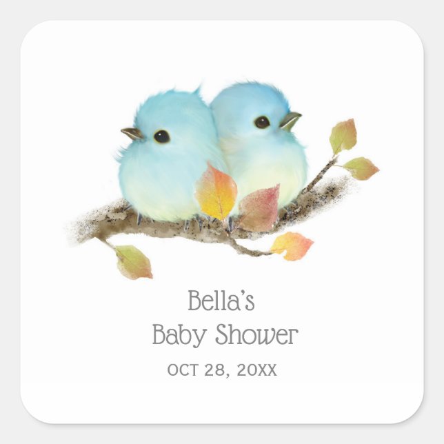 Pegatina Cuadrada Cute Bluebirds Bird Baby Shower (Anverso)