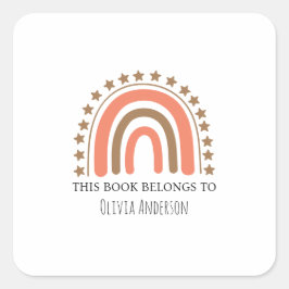 Pegatina Cuadrada Cute Boho acuarela Rainbow Este libro pertenece