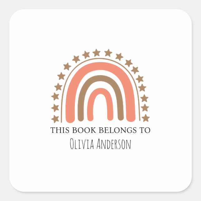 Pegatina Cuadrada Cute Boho acuarela Rainbow Este libro pertenece (Anverso)