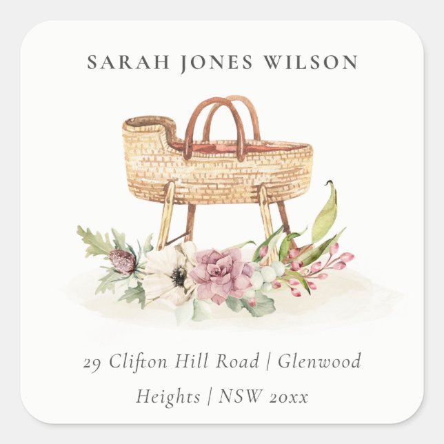 Pegatina Cuadrada Cute Boho Nursery Dirección Bassinet Floral Rosa (Anverso)