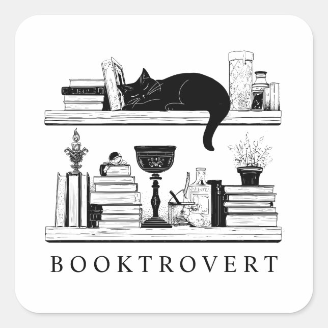 Pegatina Cuadrada Cute Booktrovert Book Lover's Cat  (Anverso)
