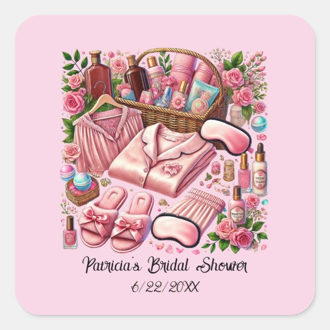 Pegatina Cuadrada Cute Bridal Shower agregar fecha  (Anverso)