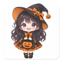Cute bruja de anime de Halloween con calabaza