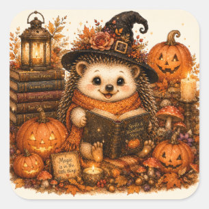 Pegatina Cuadrada Cute Bruja Erizo Encantamientos de Otoño