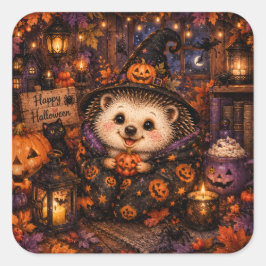Pegatina Cuadrada Cute Bruja Erizo Feliz Halloween Calabaza Acogedor