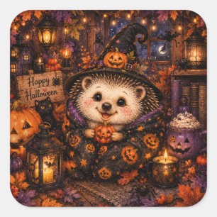 Pegatina Cuadrada Cute Bruja Erizo Feliz Halloween Calabaza Acogedor