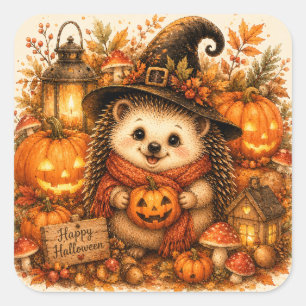 Pegatina Cuadrada Cute Bruja Erizo Feliz Halloween Calabazas