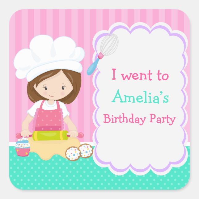 Pegatina Cuadrada Cute Brunette Chica Baking Birthday Party (Anverso)