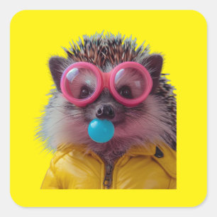 Pegatina Cuadrada Cute Bubblegum Hedgehog Sé Amable Cuadrado Amarill
