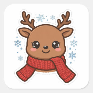 Pegatina Cuadrada Cute Bufanda Reno Navidad Sticker