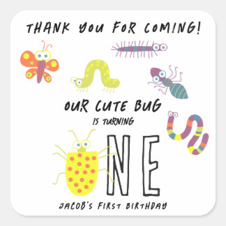 Pegatina Cuadrada Cute Bug Gusano Mariposa Niños Gracias cumpleaños