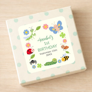 Pegatina Cuadrada Cute Bug Ladybug Buttefly Cumpleaños infantil 1 
