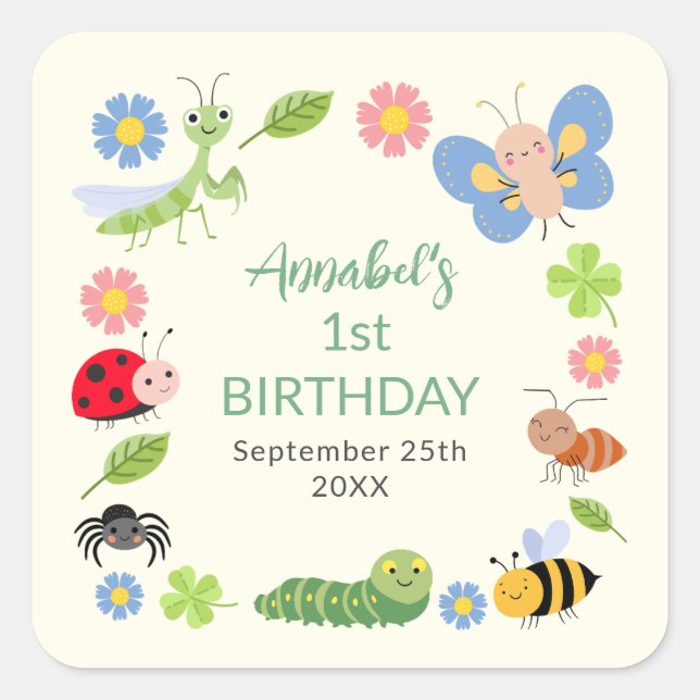 Pegatina Cuadrada Cute Bug Ladybug Buttefly Kids 1st Birthday  (Anverso)