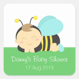 Pegatina Cuadrada Cute Bumble Bee Boy Baby Shower